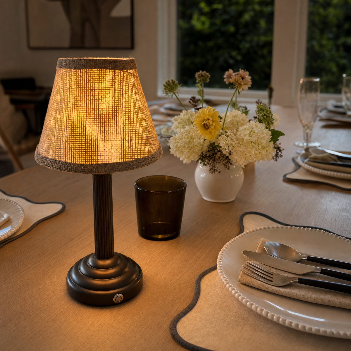 Hessian Rechargeable Table Lamp — Details — product and styling photograph