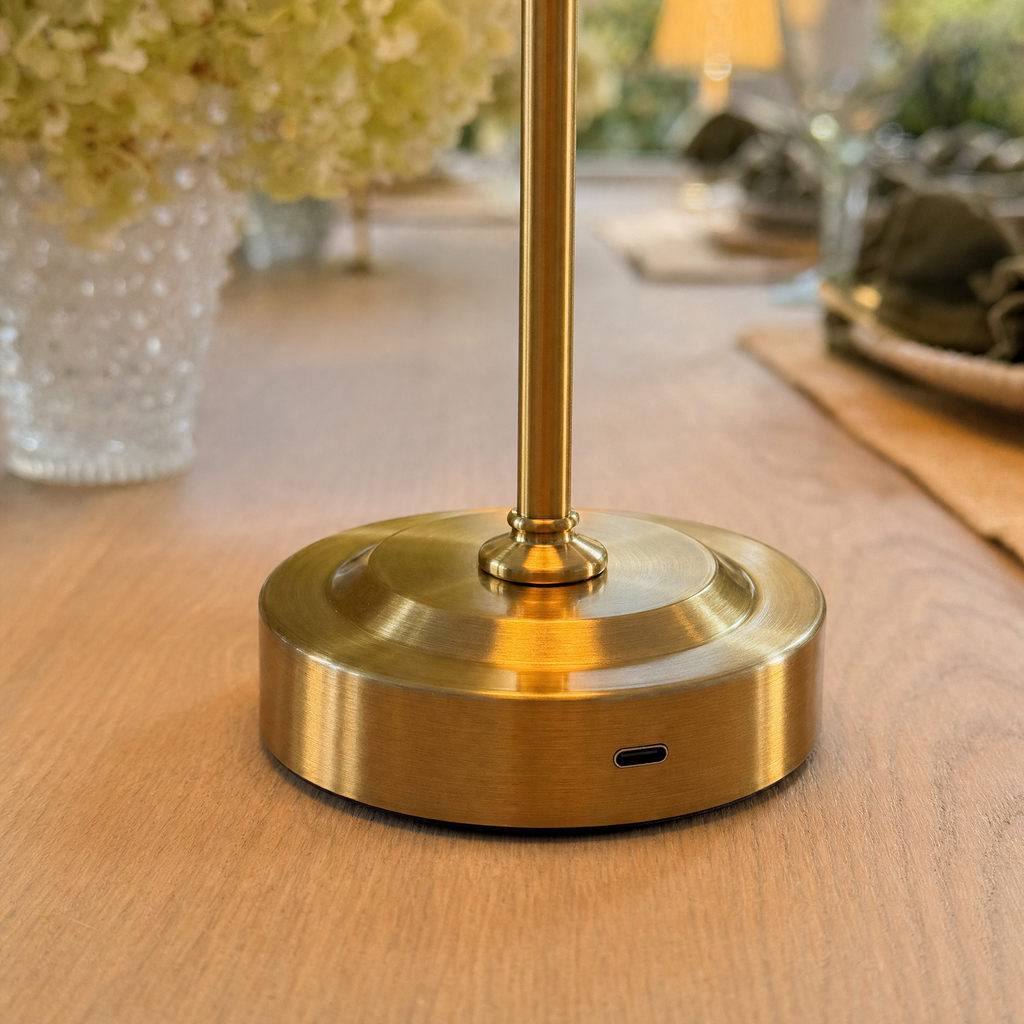 Brass Slender Rechargeable Table Lamp — Leaf Green — Details — product and styling photograph