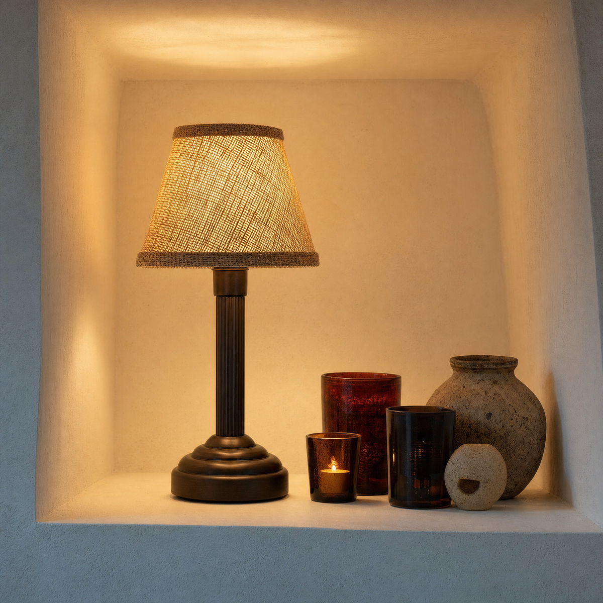 Hessian Rechargeable Table Lamp — Details — product and styling photograph