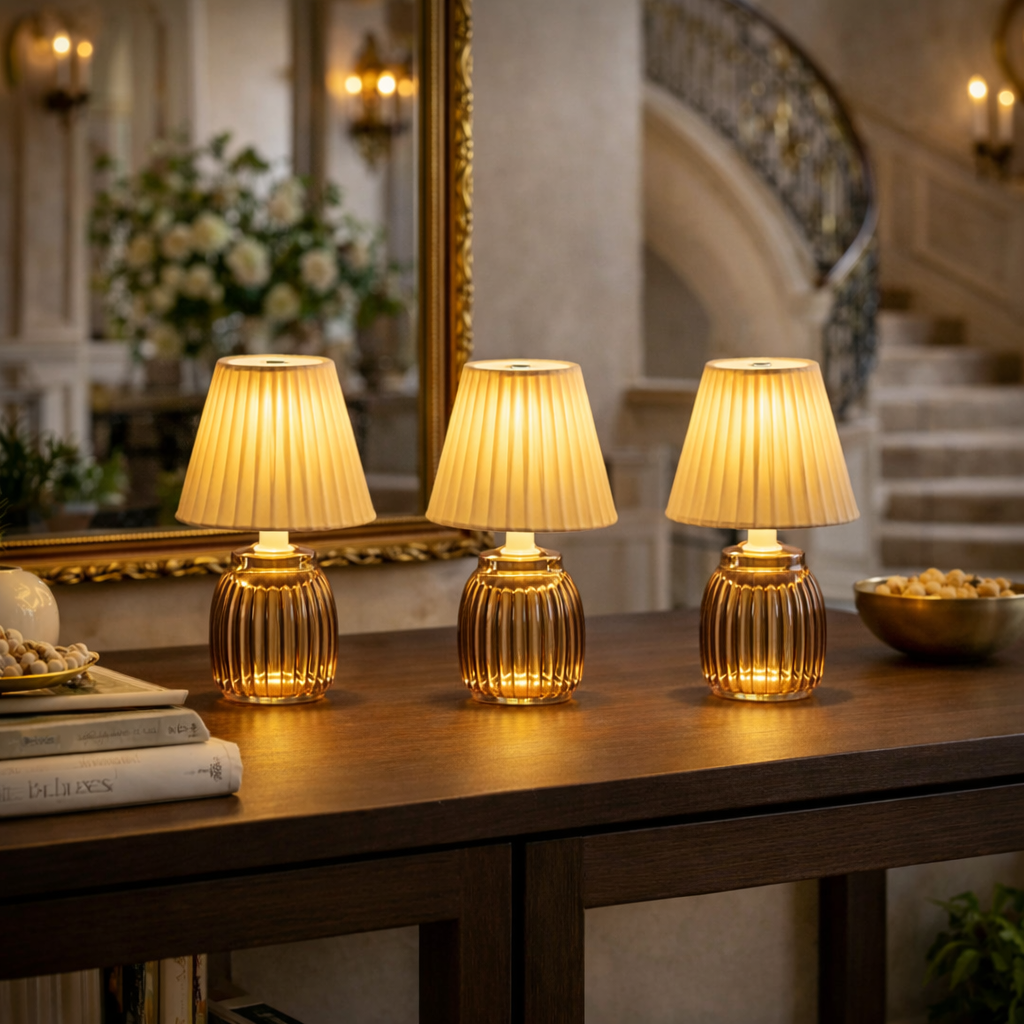 Luma Rechargeable Lamps — Set of Three — Beige — product and styling photograph