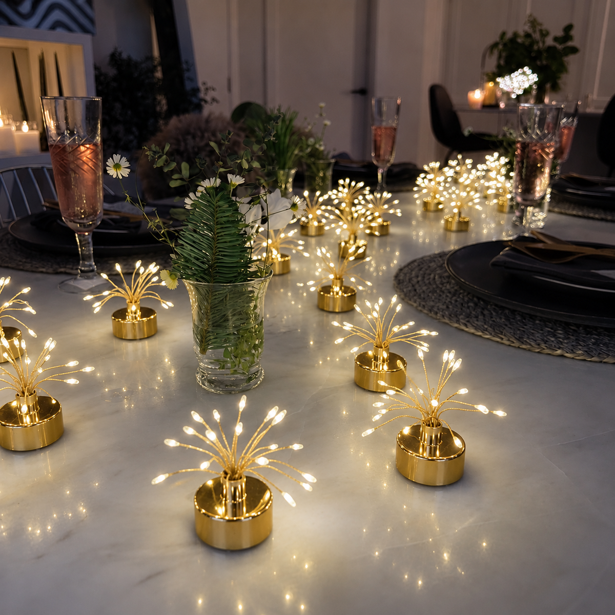 Golden Starburst & Juniper Garland Table Set — Details — product and styling photograph