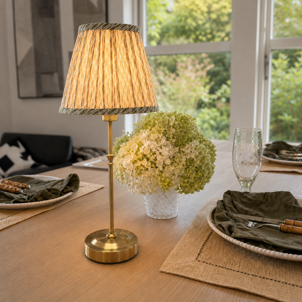 Brass Slender Rechargeable Table Lamp — Leaf Green — Details — product and styling photograph