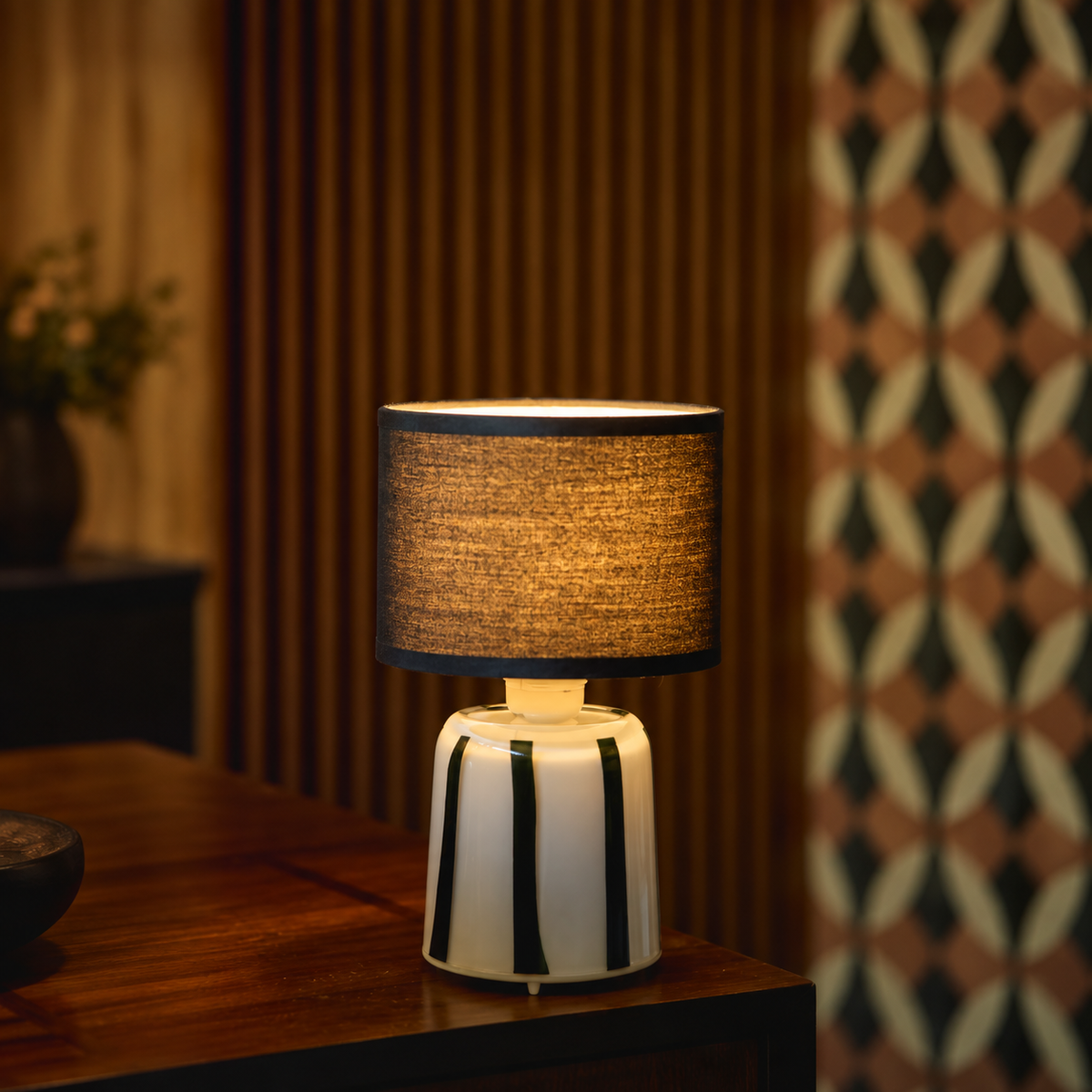 Pixie Striped Rechargeable Lamps — Set of Three — Black Stripe — product and styling photograph