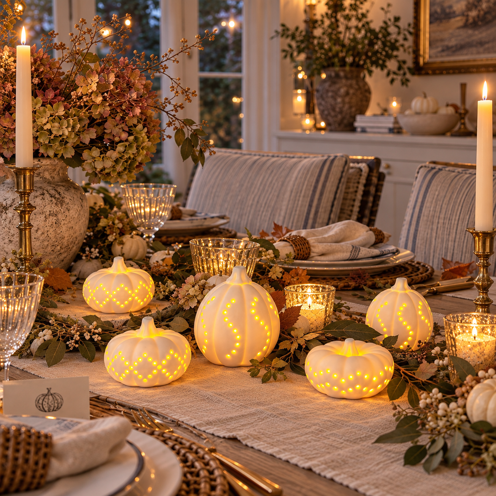 White Ceramic Pumpkin Lights — Set of Eighteen — Details — product and styling photograph