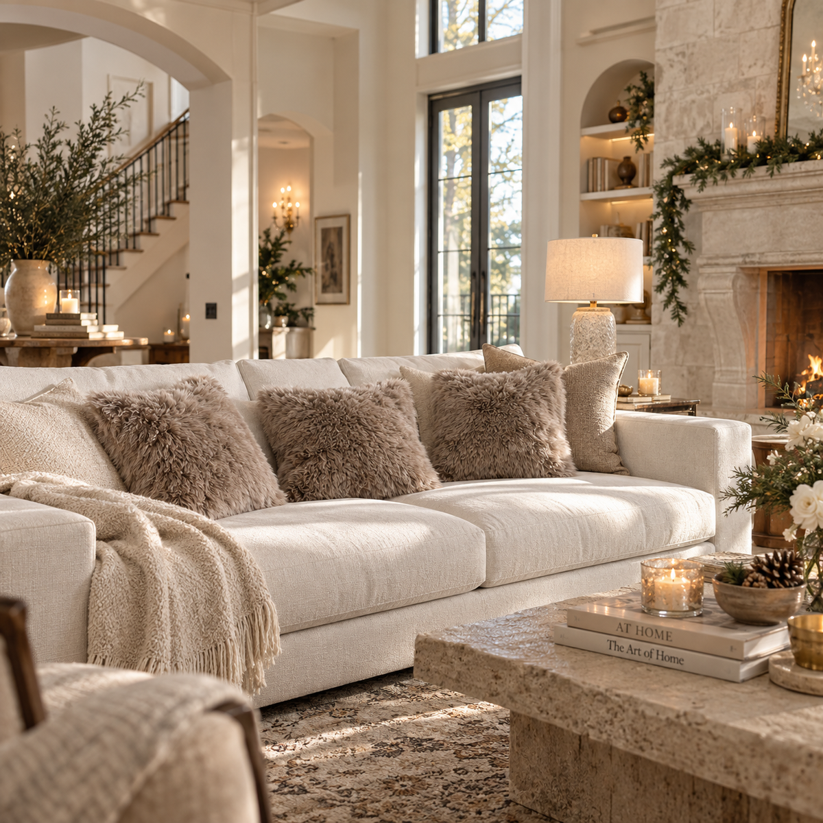 Taupe Sheepskin Cushions — Set of Six — Details — product and styling photograph