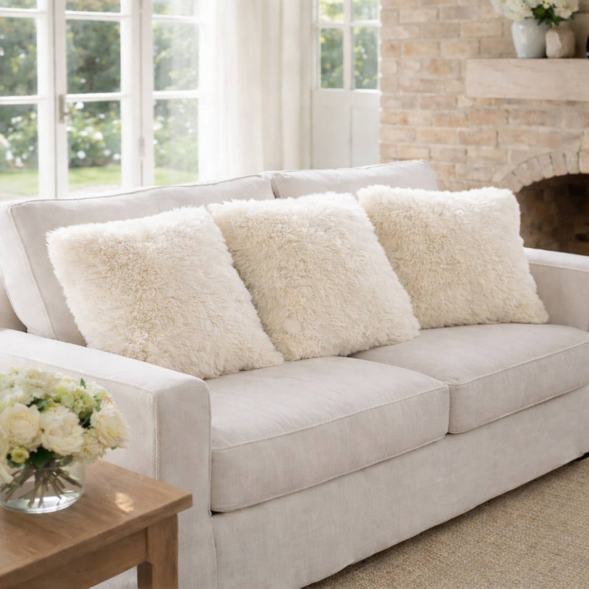 Sheepskin Cushions — Set of Three — Ivory — product and styling photograph