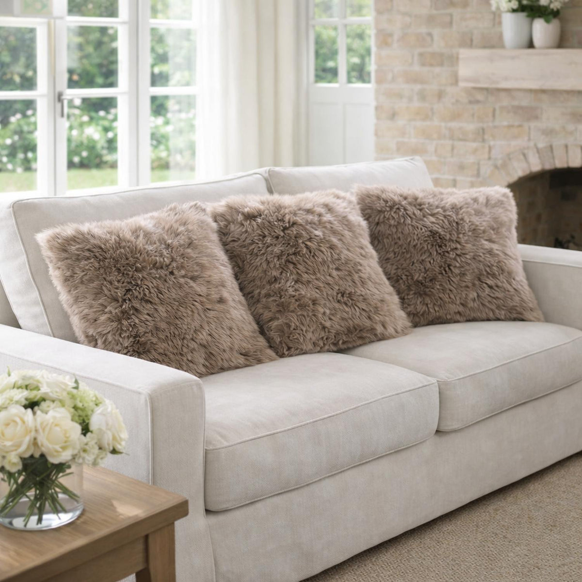 Sheepskin Cushions — Set of Three — Taupe — product and styling photograph
