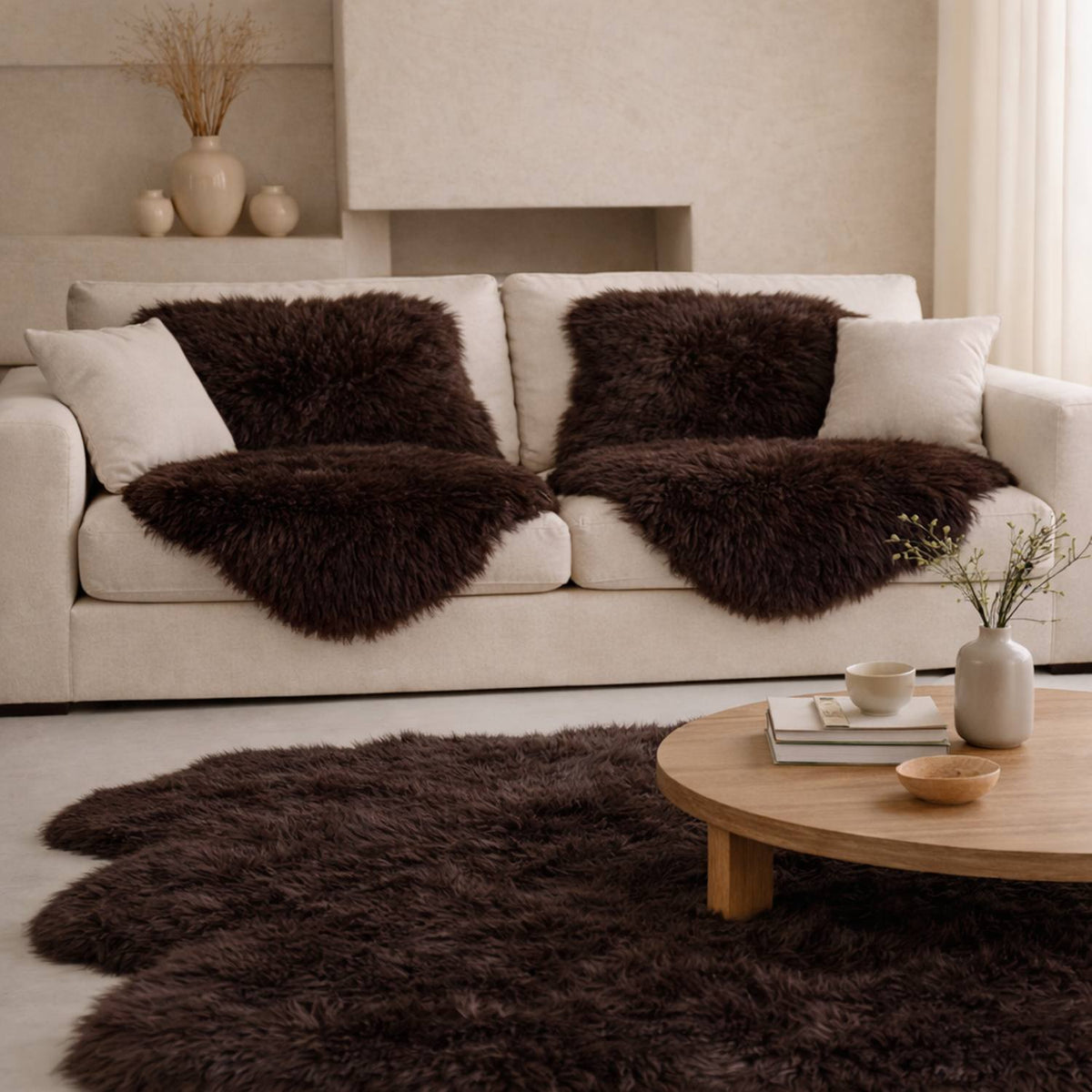 Single Sheepskins — Pair — Chocolate — product and styling photograph