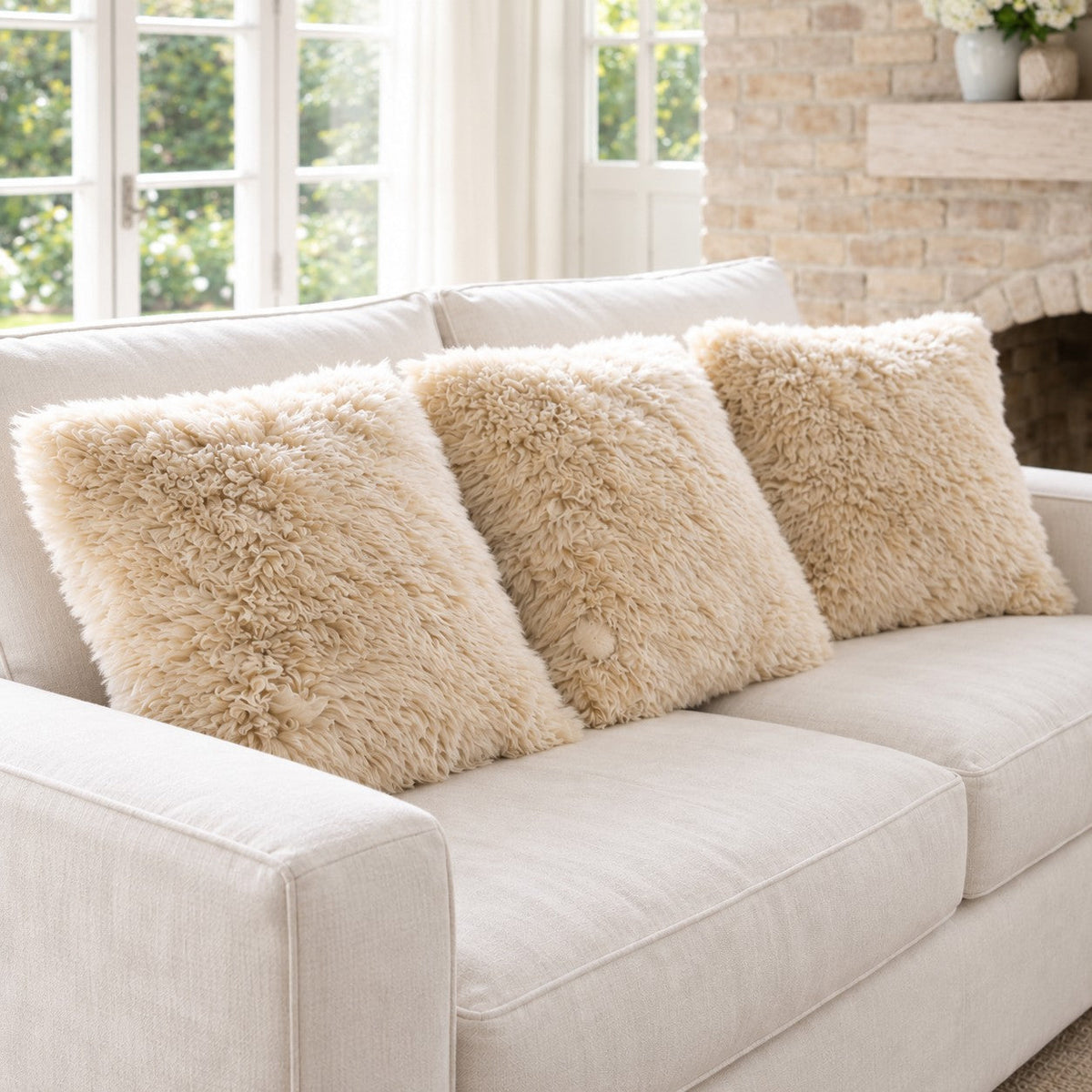 Sheepskin Cushions — Set of Three — Oyster — product and styling photograph