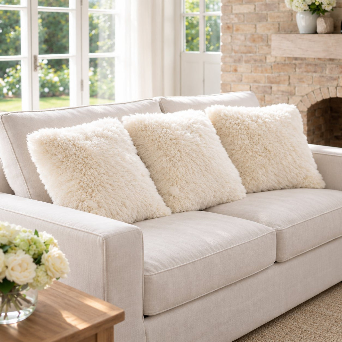 Sheepskin Cushions — Set of Three — Ivory — product and styling photograph