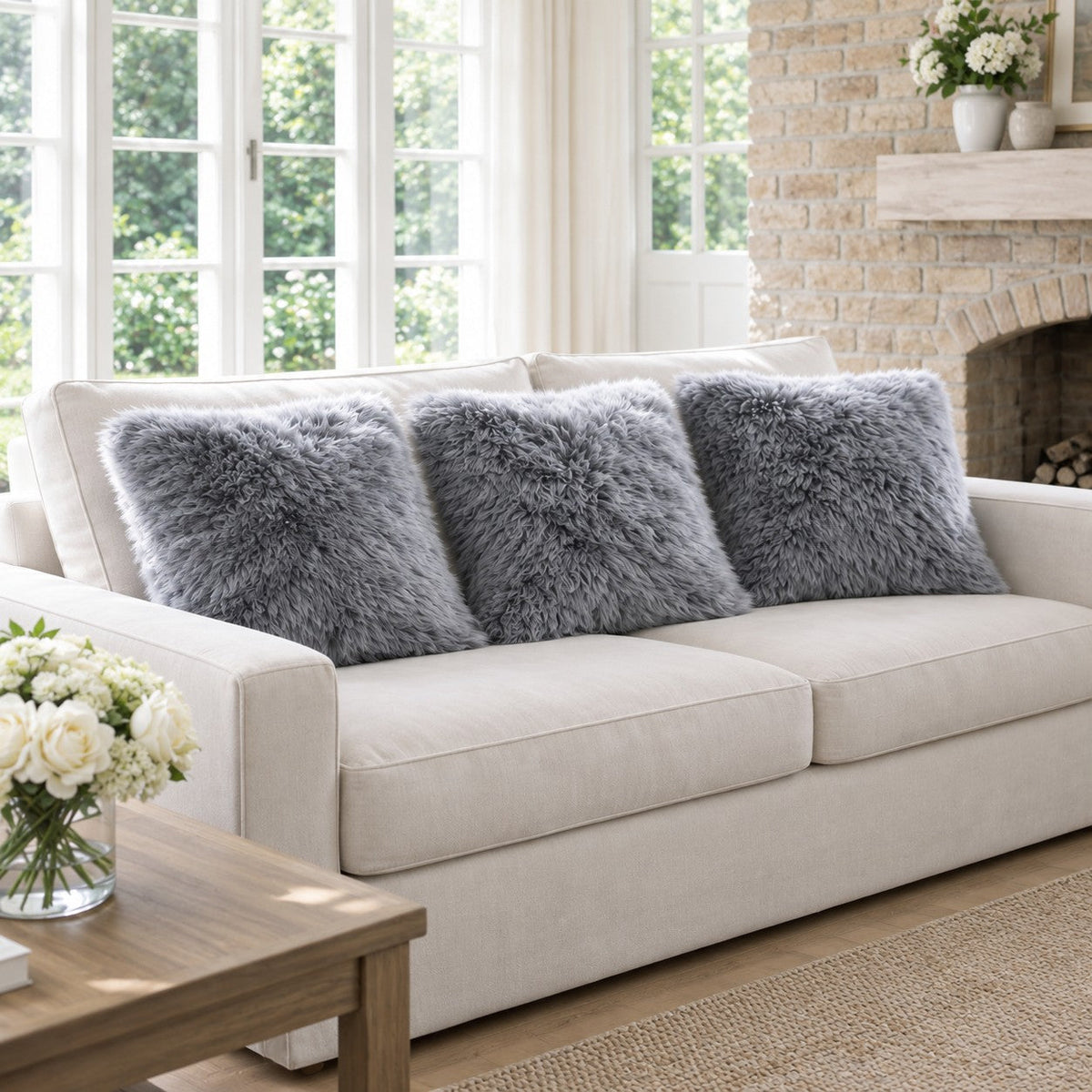 Sheepskin Cushions — Set of Three — Gray — product and styling photograph