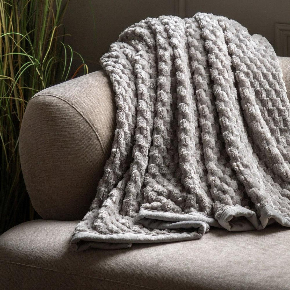 Jacquard Velvet Knitted Throw — Grey — product and styling photograph