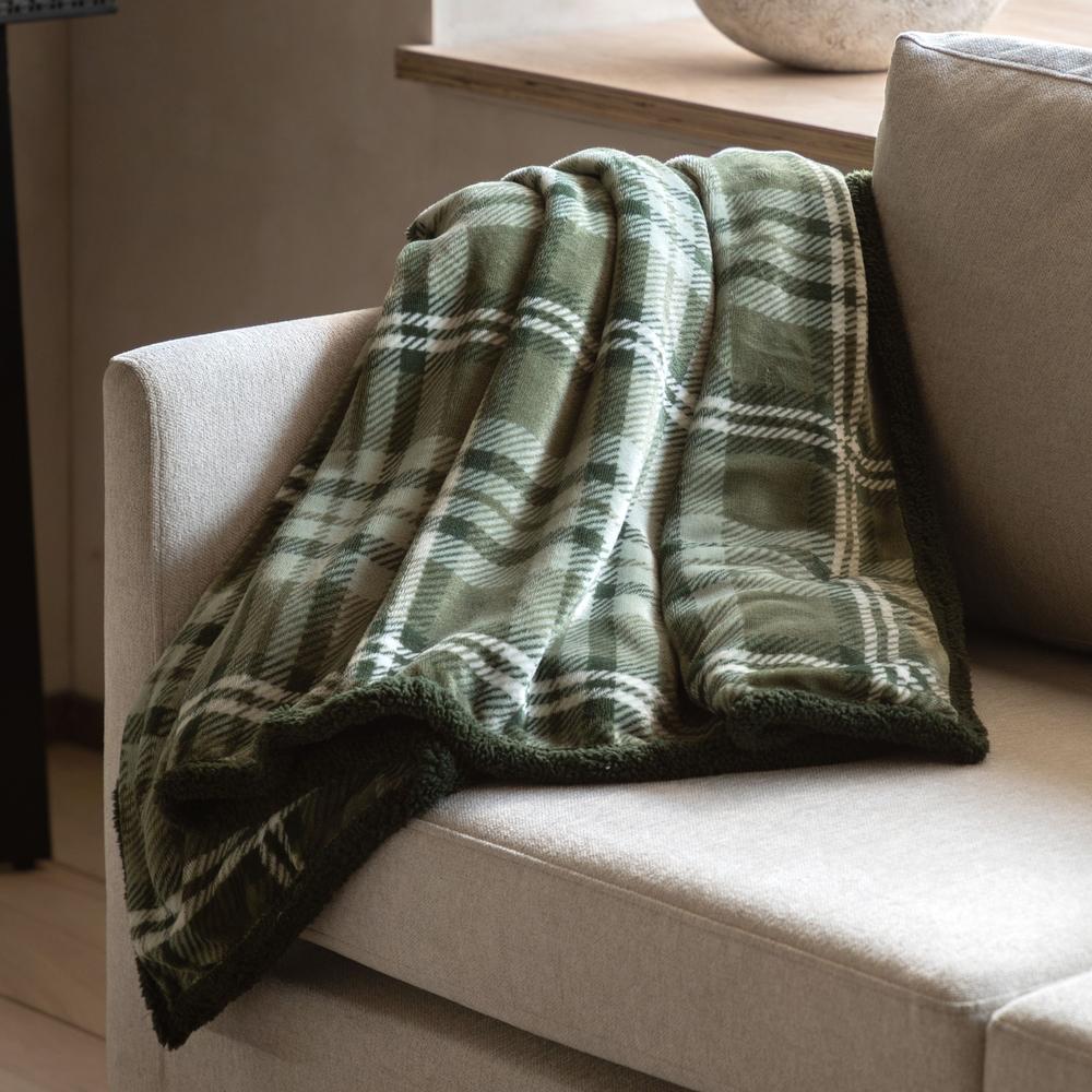 Tartan Sherpa Throw — Olive — product and styling photograph