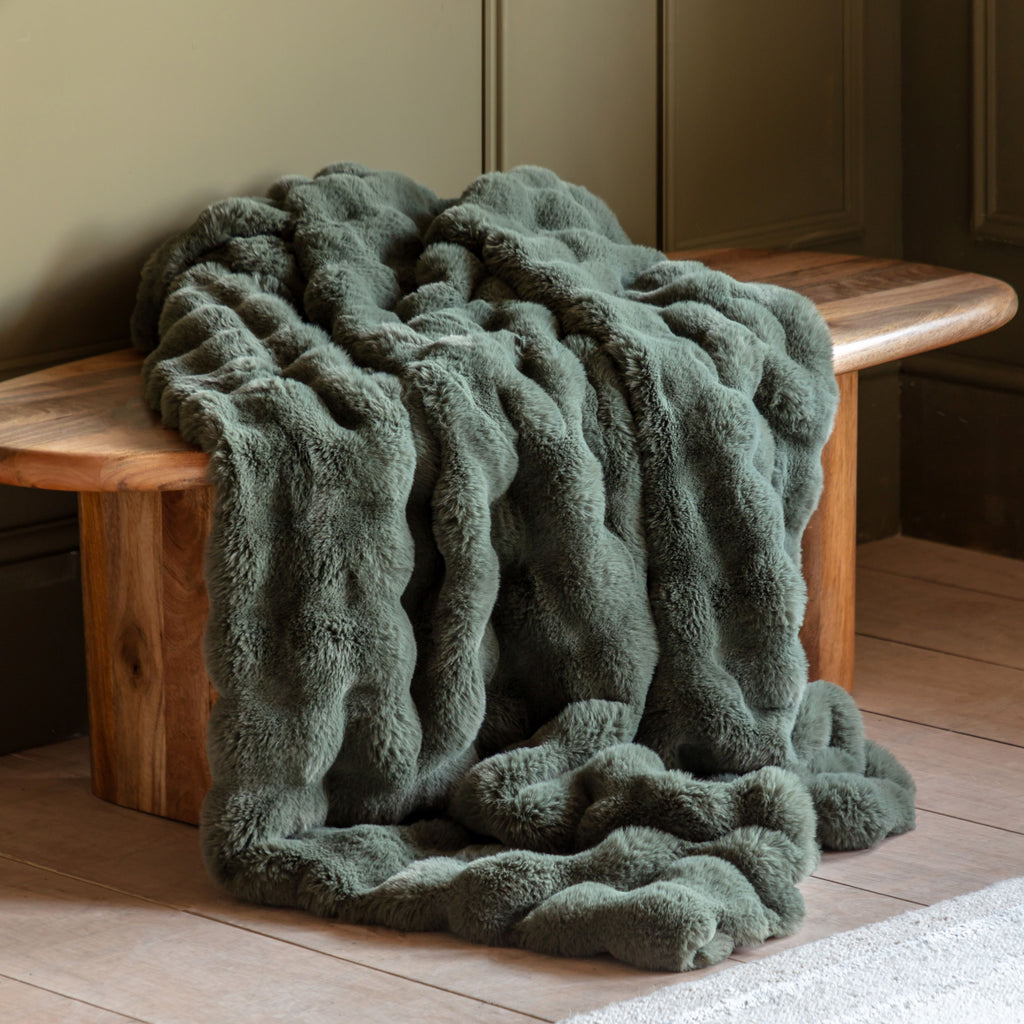 Marshmallow Faux Fur Throws — Pair — Olive — product and styling photograph