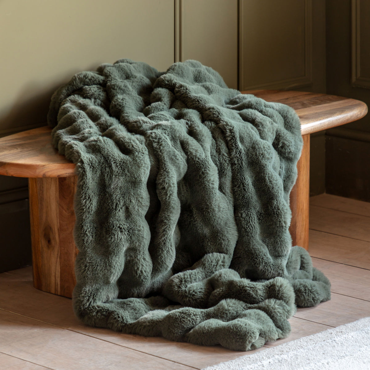 Marshmallow Faux Fur Throws — Pair — Olive — product and styling photograph