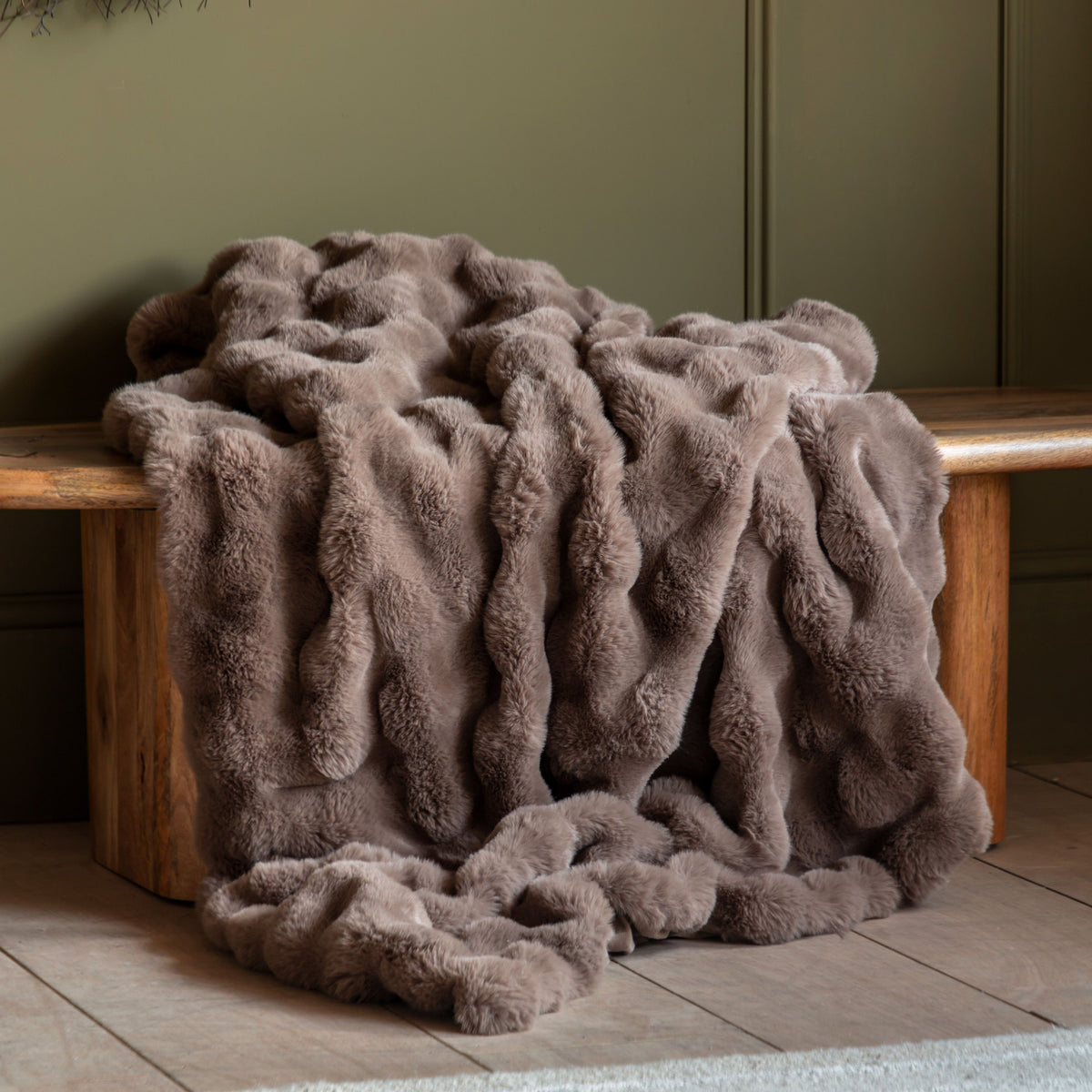 Marshmallow Faux Fur Throws — Pair — Mocha — product and styling photograph