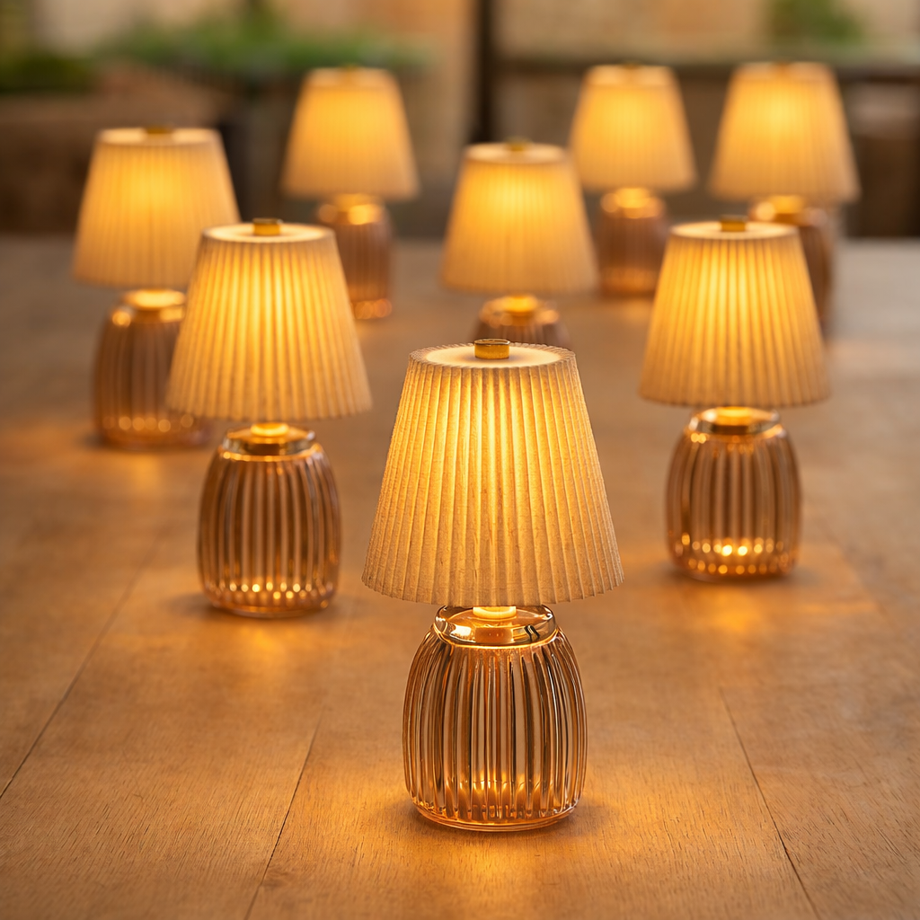 Luma Rechargeable Lamps — Set of Three — Beige — product and styling photograph