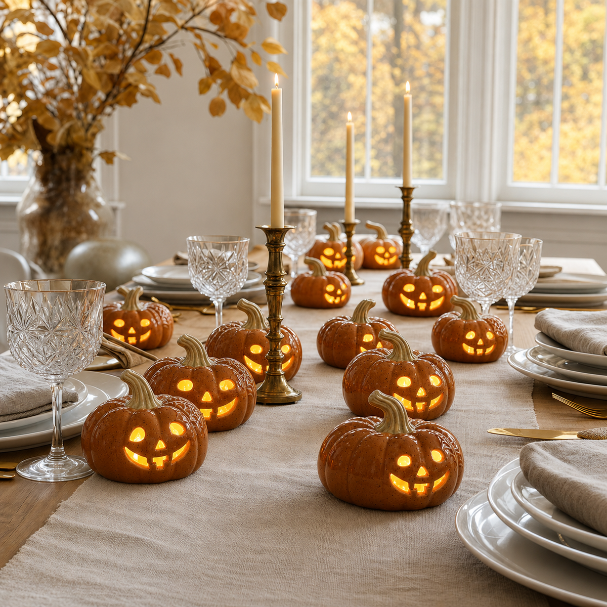 Speckled Ceramic LED Pumpkins — Set of Twelve — Details — product and styling photograph