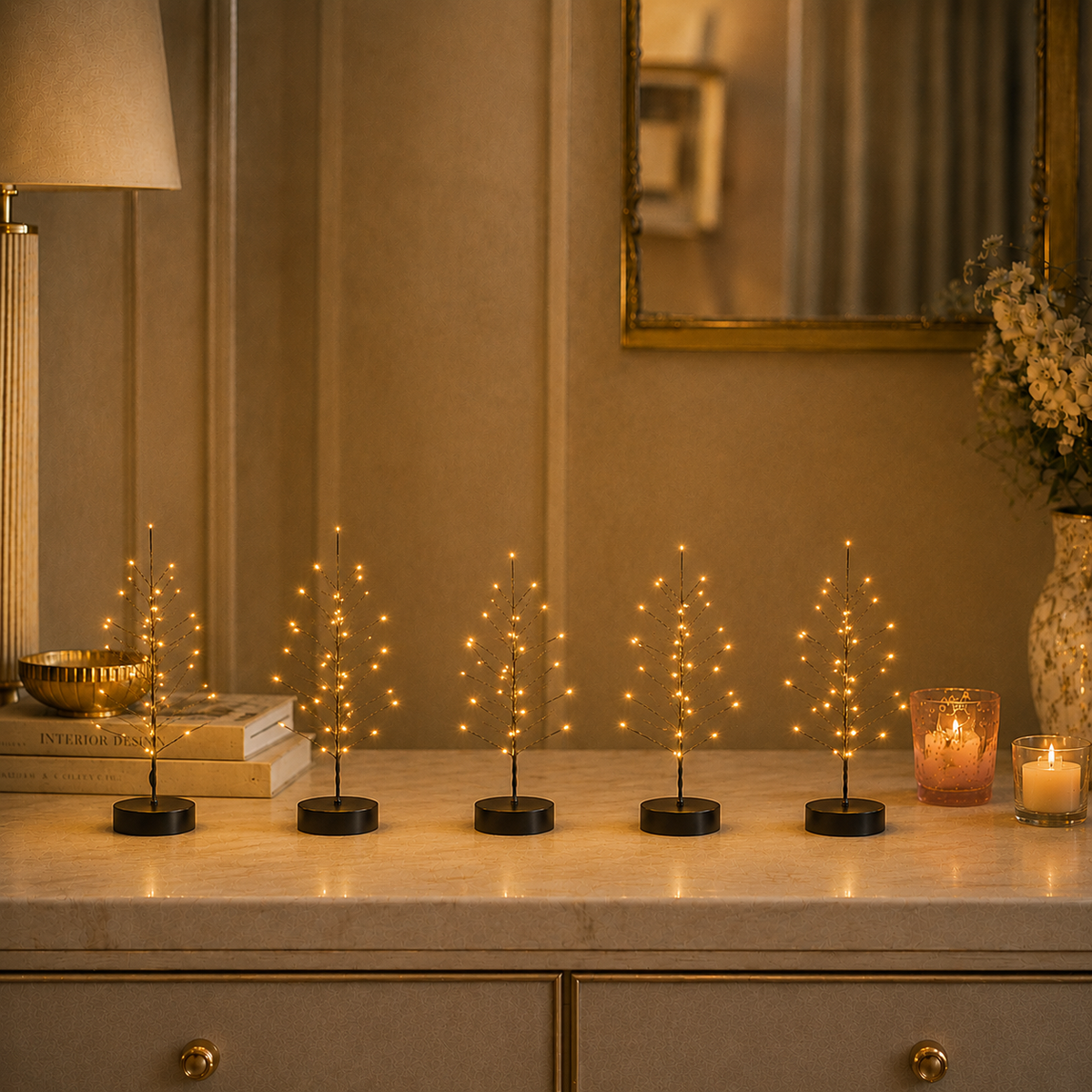 Mini Black Festive Tree Lights — Set of Six — Details — product and styling photograph
