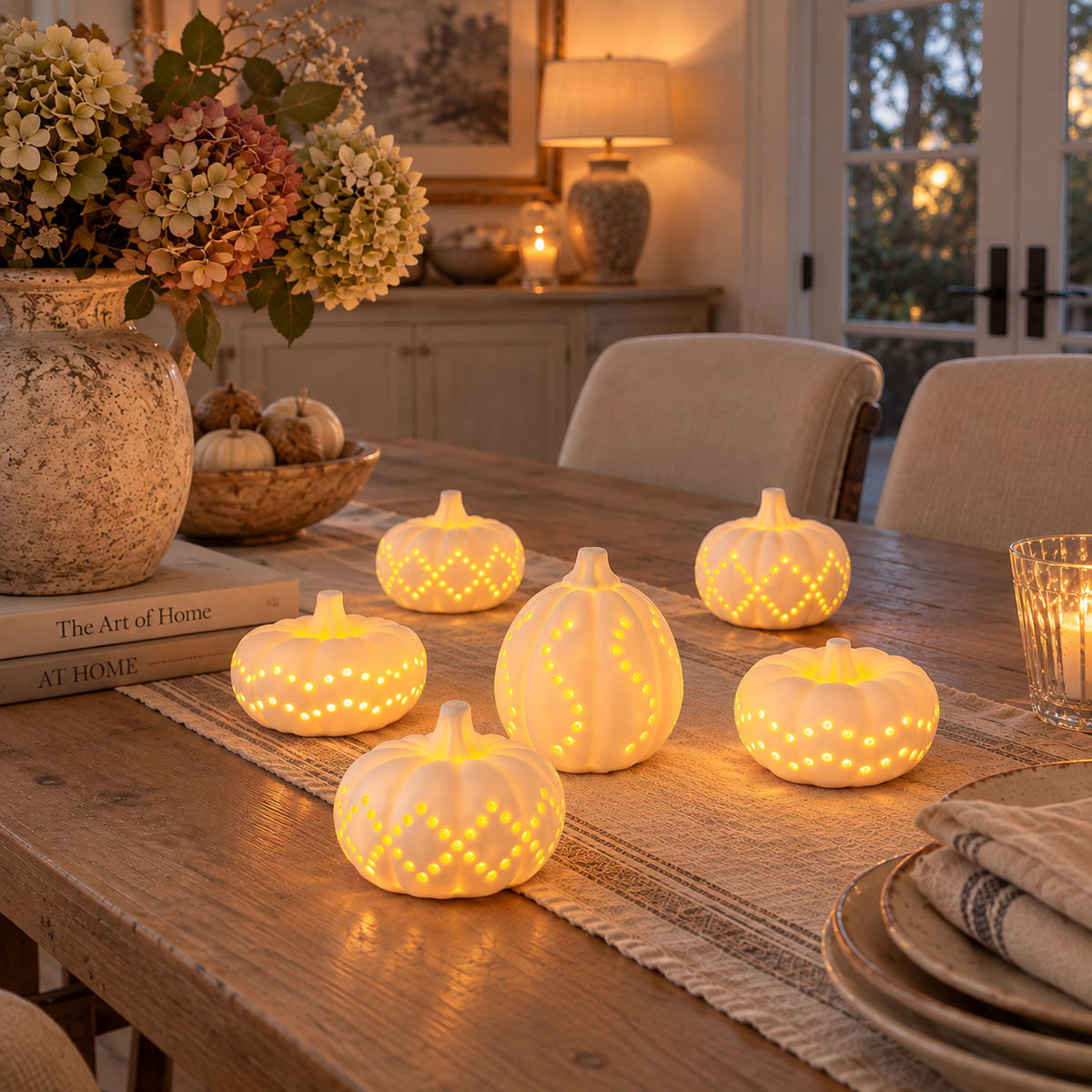White Ceramic Pumpkin Lights — Set of Eighteen — Details — product and styling photograph
