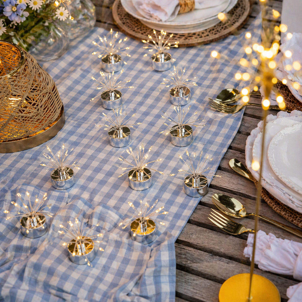 Starburst LED Tealights — Set of Twenty-Four — Silver — product and styling photograph