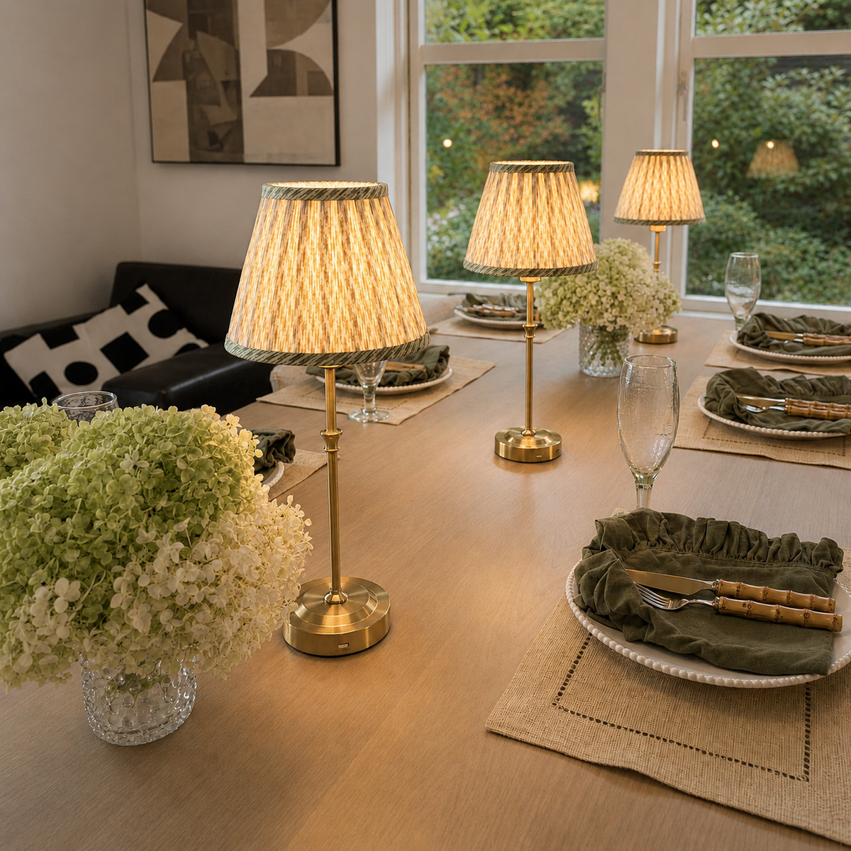 Brass Slender Rechargeable Table Lamp — Leaf Green — Details — product and styling photograph