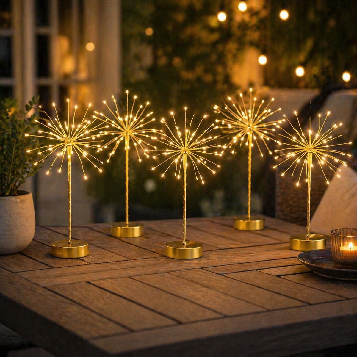 Golden Starburst Table Lights — Set of 30 — Details — product and styling photograph