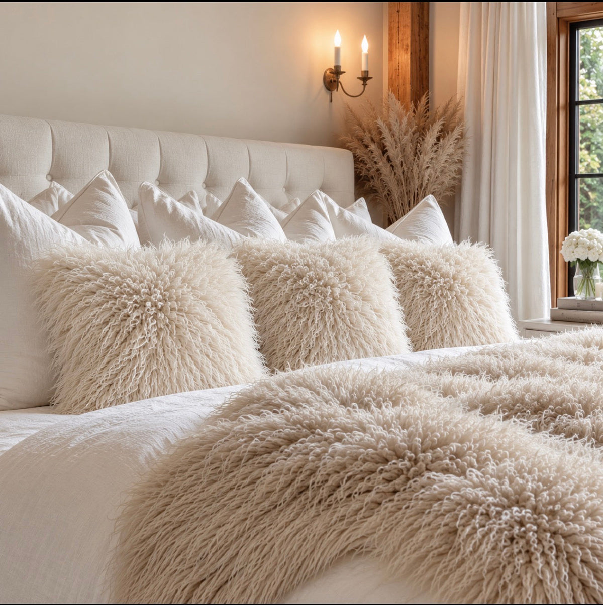 Tibetan Sheepskin Cushions — Set of Three — Details — product and styling photograph