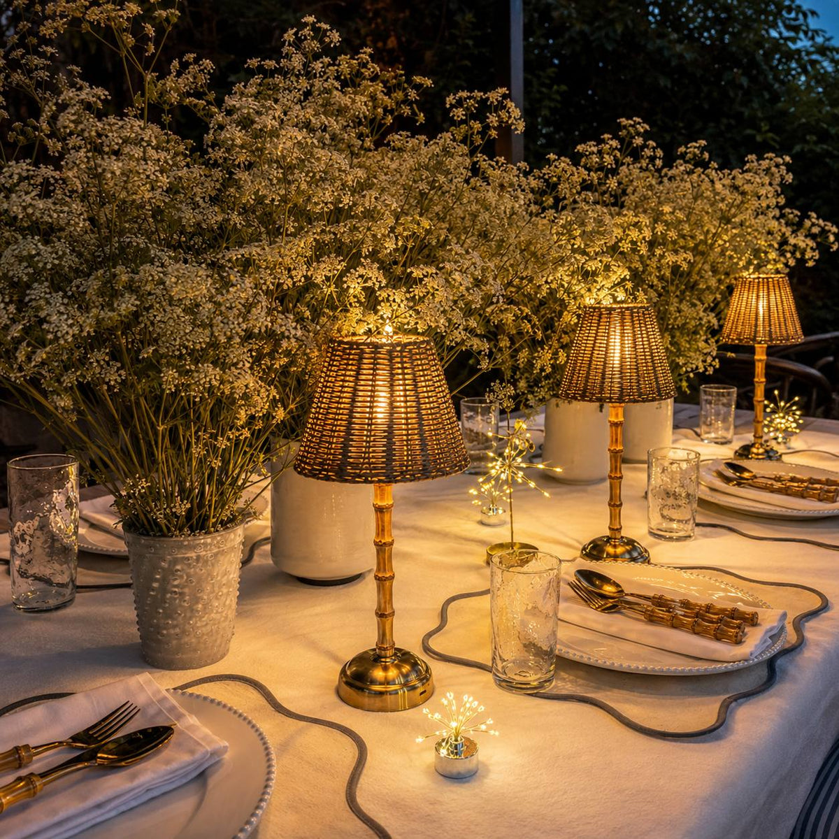 Rattan Bamboo Rechargeable Table Lamps — Pair — Details — product and styling photograph