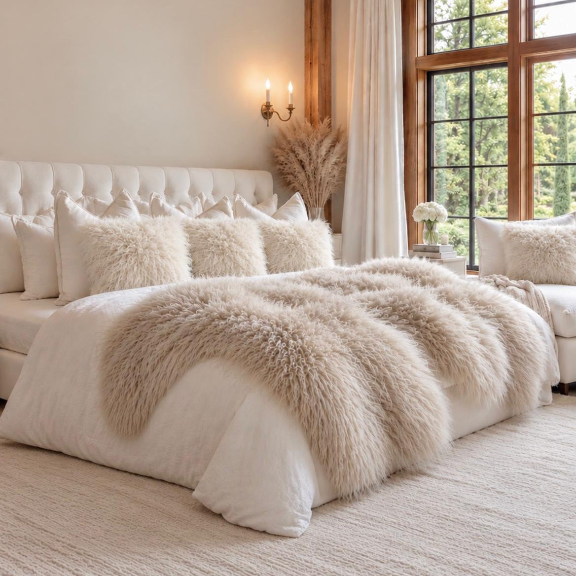 Tibetan Sheepskin Cushions — Set of Three — Details — product and styling photograph