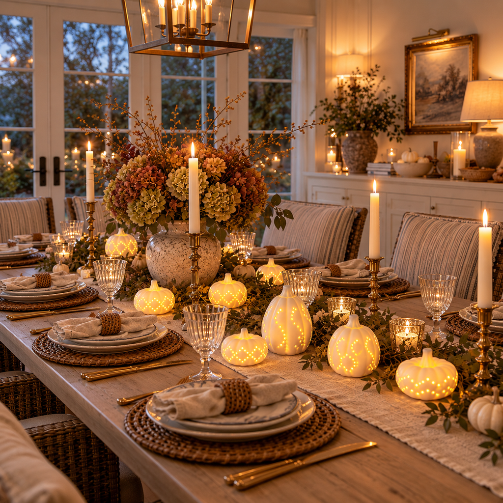 White Ceramic Pumpkin Lights — Set of Eighteen — Details — product and styling photograph