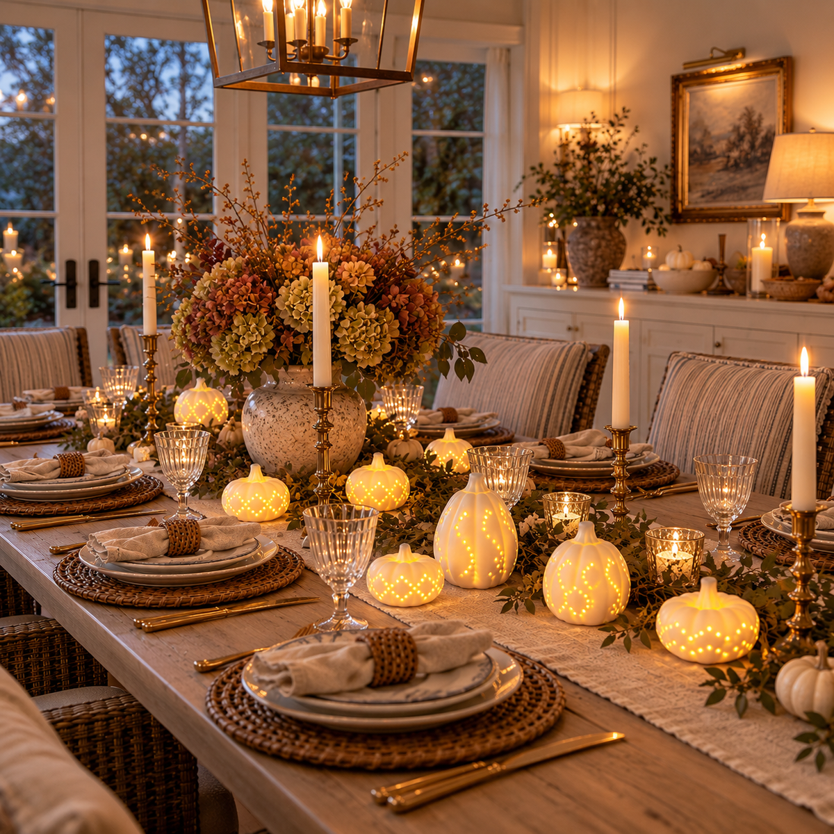 White Ceramic Pumpkin Lights — Set of Eighteen — Details — product and styling photograph