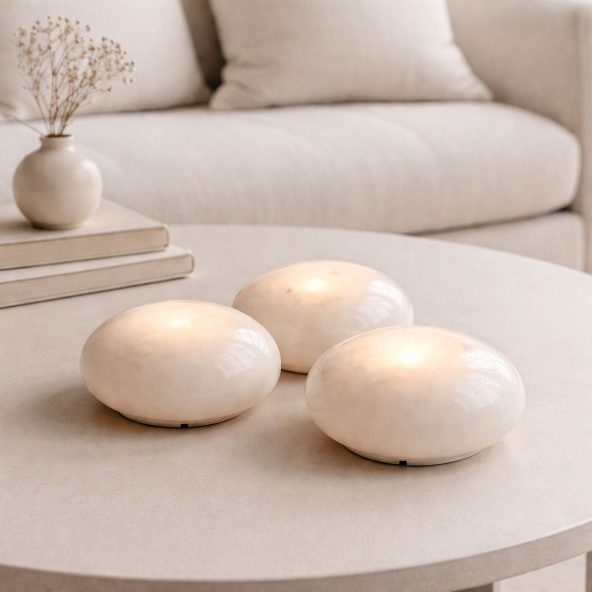 Rokka Rechargeable Glass Lights — Set of Three — White — product and styling photograph