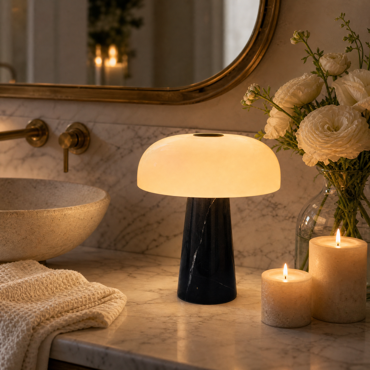 Nero Marquina Rechargeable Marble Table Lamp — Details — product and styling photograph