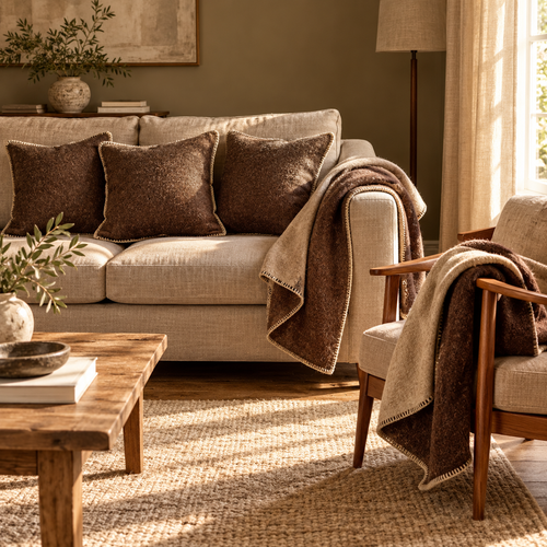 Buxton Cocoa Reversible Wool Room Set — Details — product and styling photograph