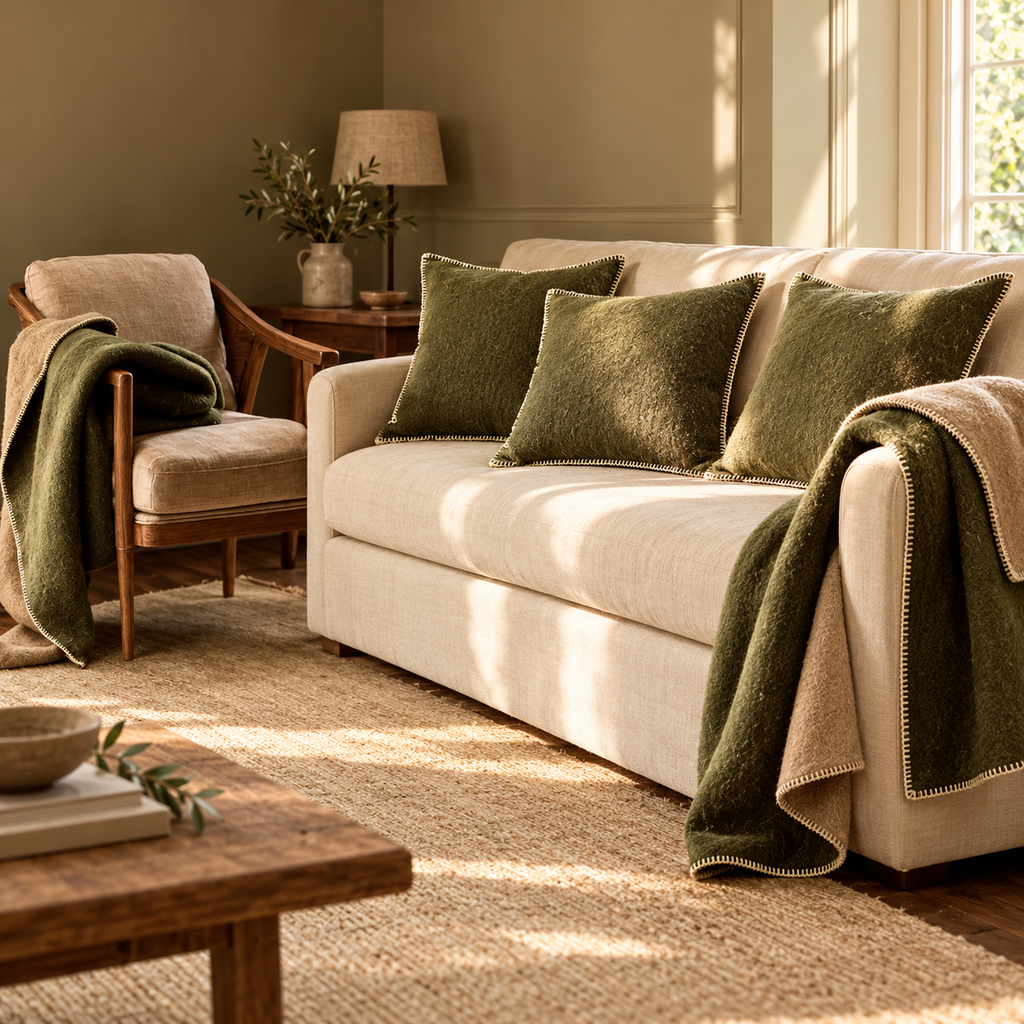 Buxton Moss Reversible Wool Room Set — Details — product and styling photograph