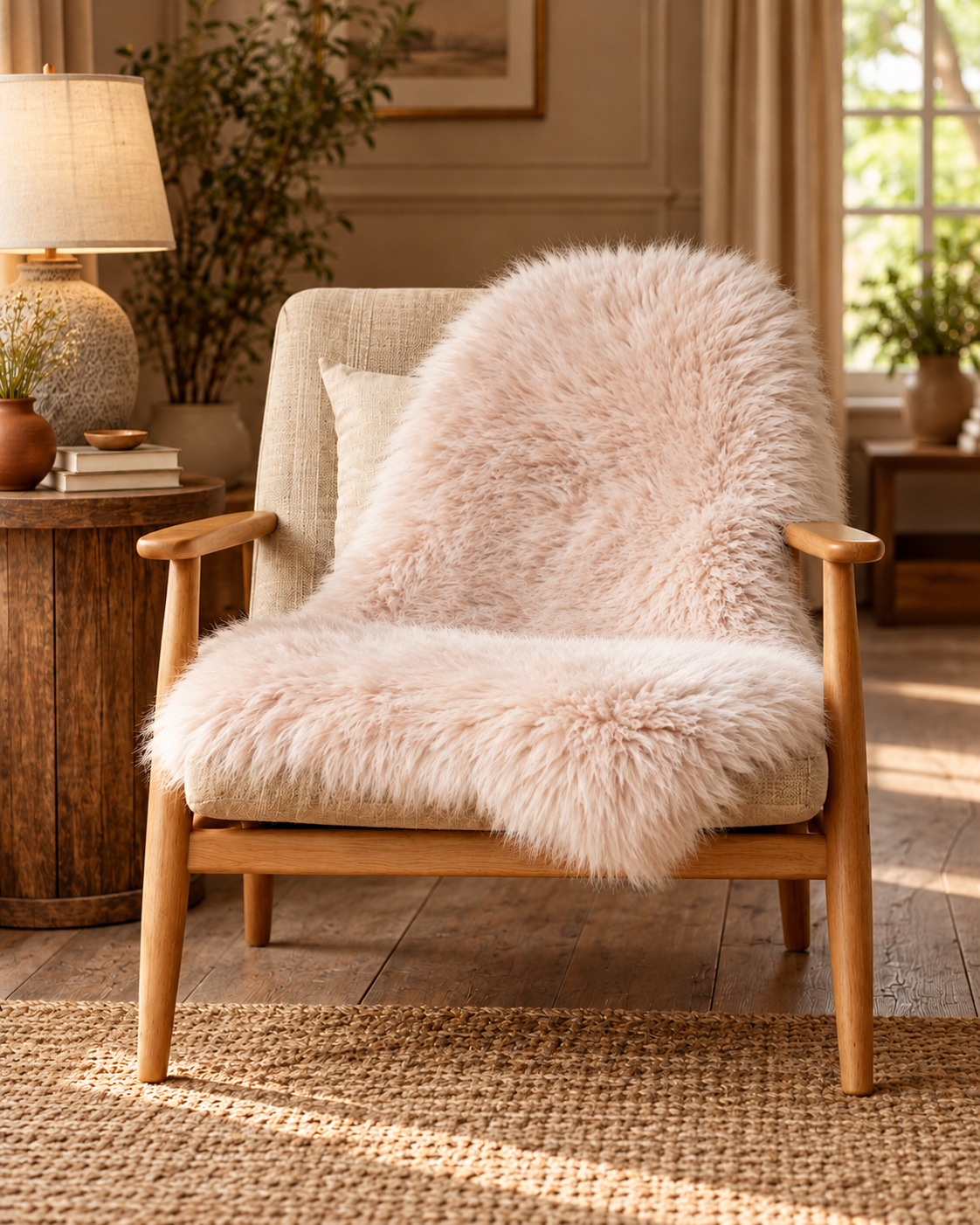 Single oyster sheepskin draped over an oak and linen armchair in a warm country-house interior
