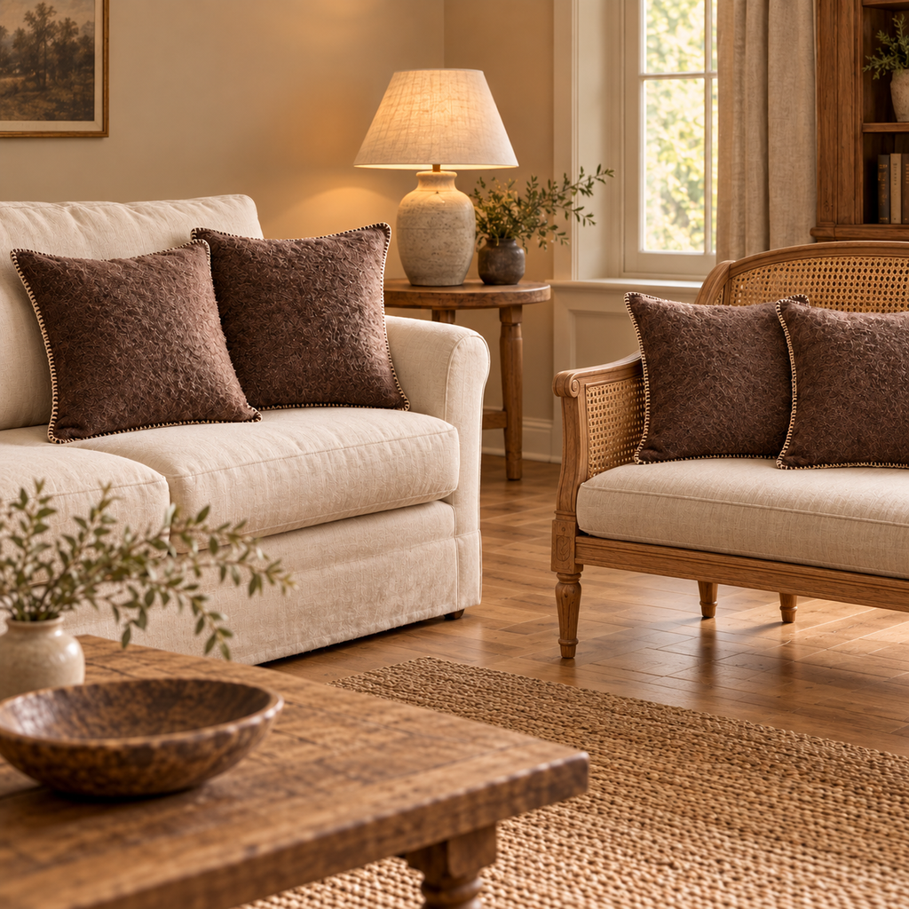 Buxton Reversible Wool Cushions — Set of Four — Cocoa — product and styling photograph