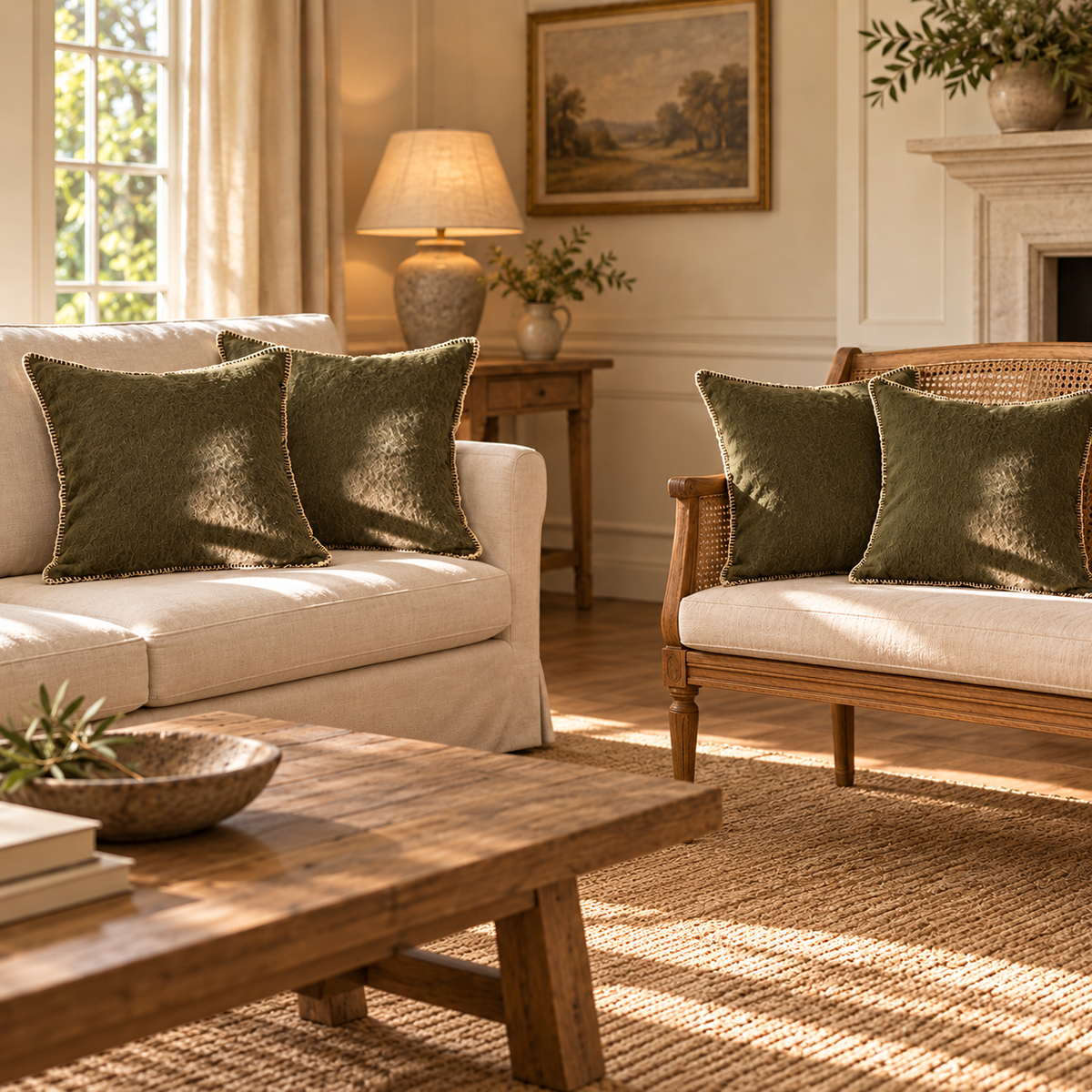 Buxton Reversible Wool Cushions — Set of Four — Moss — product and styling photograph