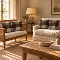 Leigh Check Wool Cushions — Set of Four — Cocoa — product and styling photograph
