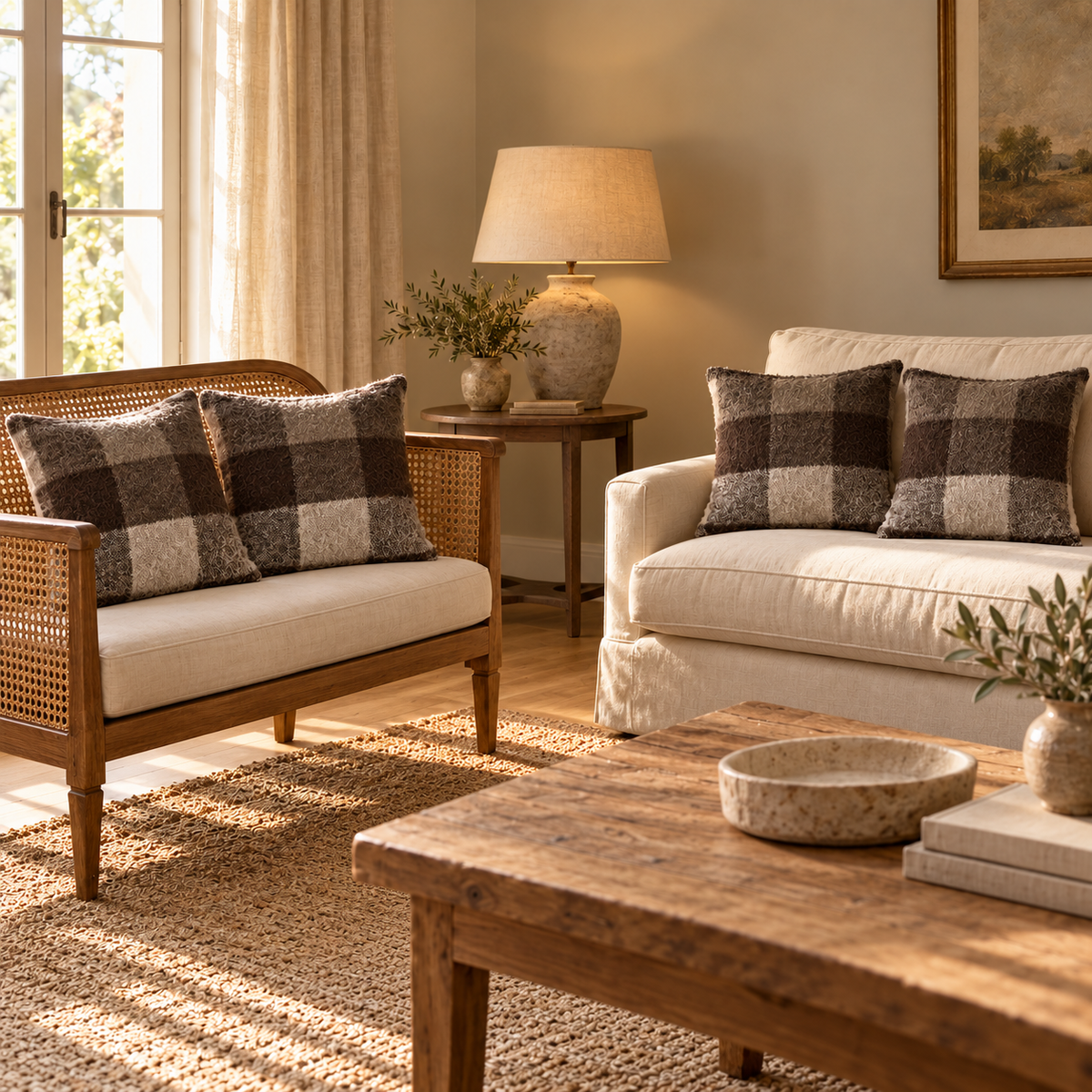 Leigh Check Wool Cushions — Set of Four — Cocoa — product and styling photograph