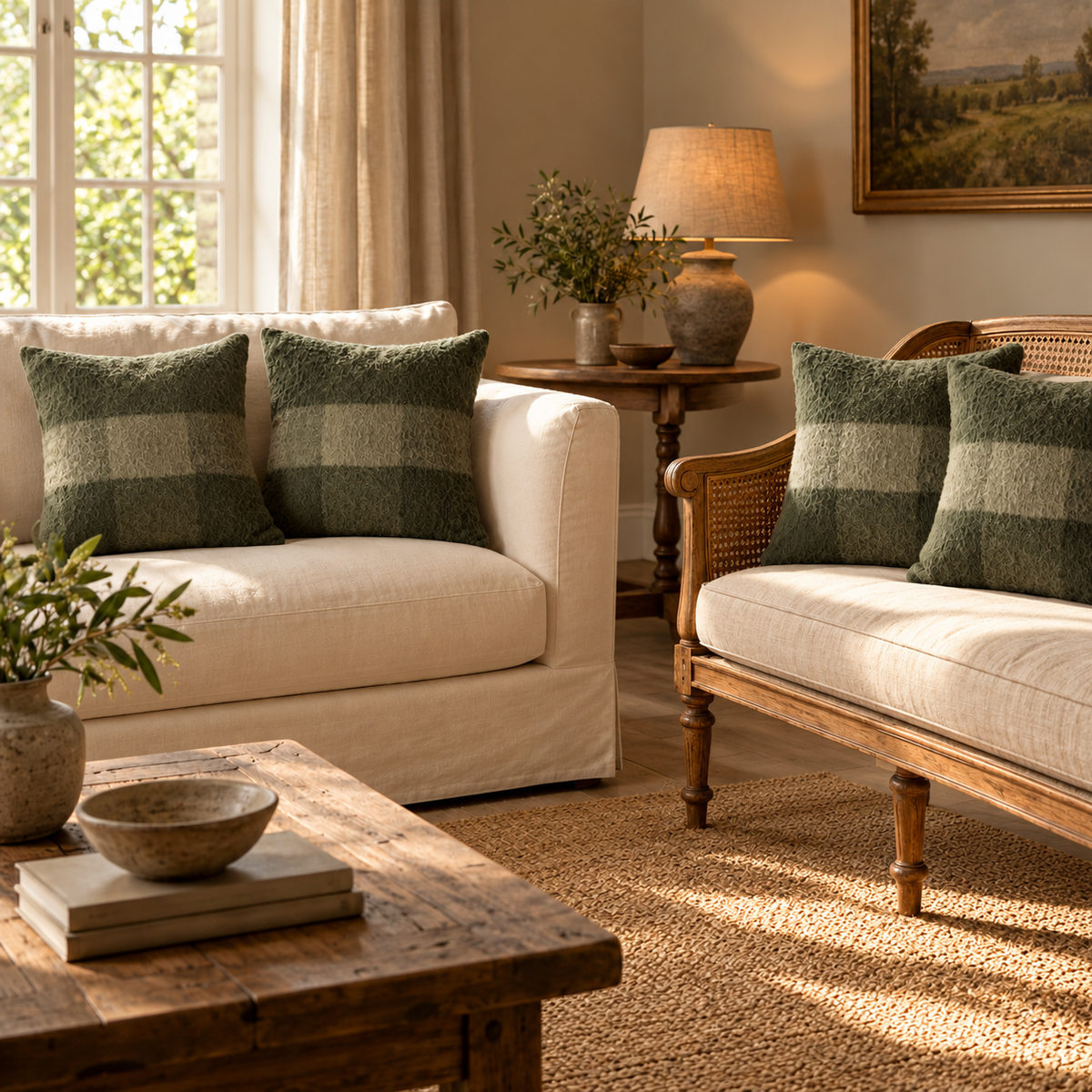 Leigh Check Wool Cushions — Set of Four — Moss — product and styling photograph