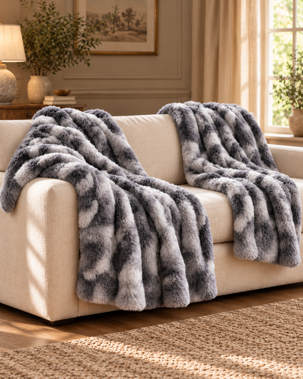 Marshmallow Marble Faux Fur Throws — Pair — country-house portrait product photograph