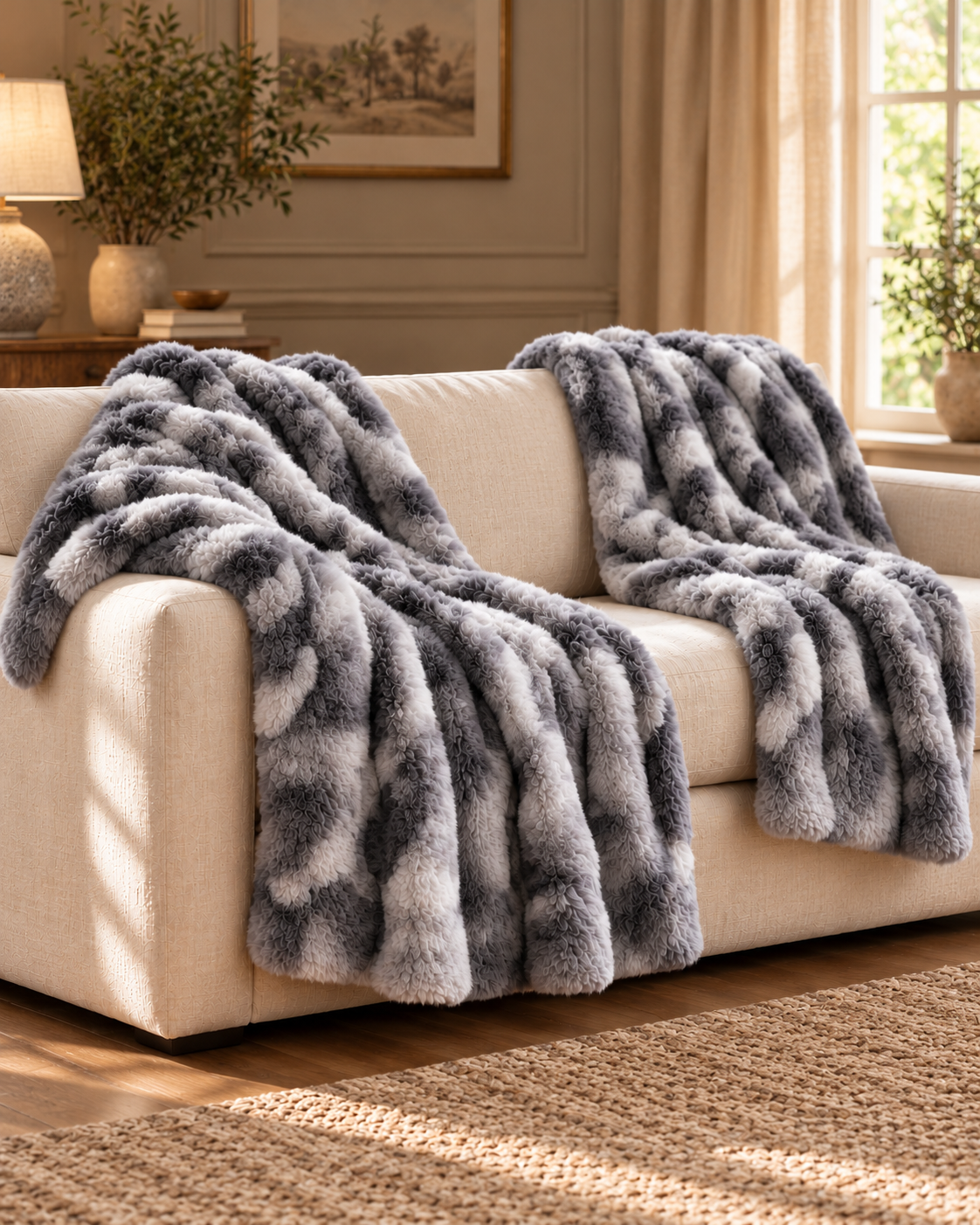 Marshmallow Marble Faux Fur Throws — Pair — country-house portrait product photograph
