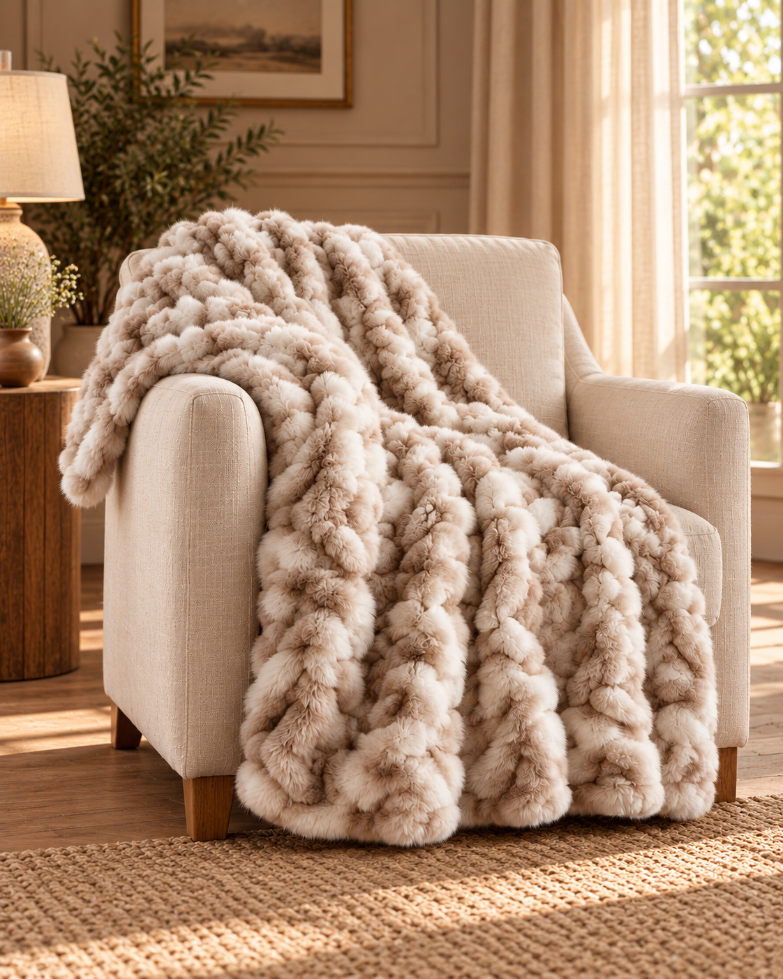 Deco Luxe Ruched Faux Fur Throw — country-house portrait product photograph