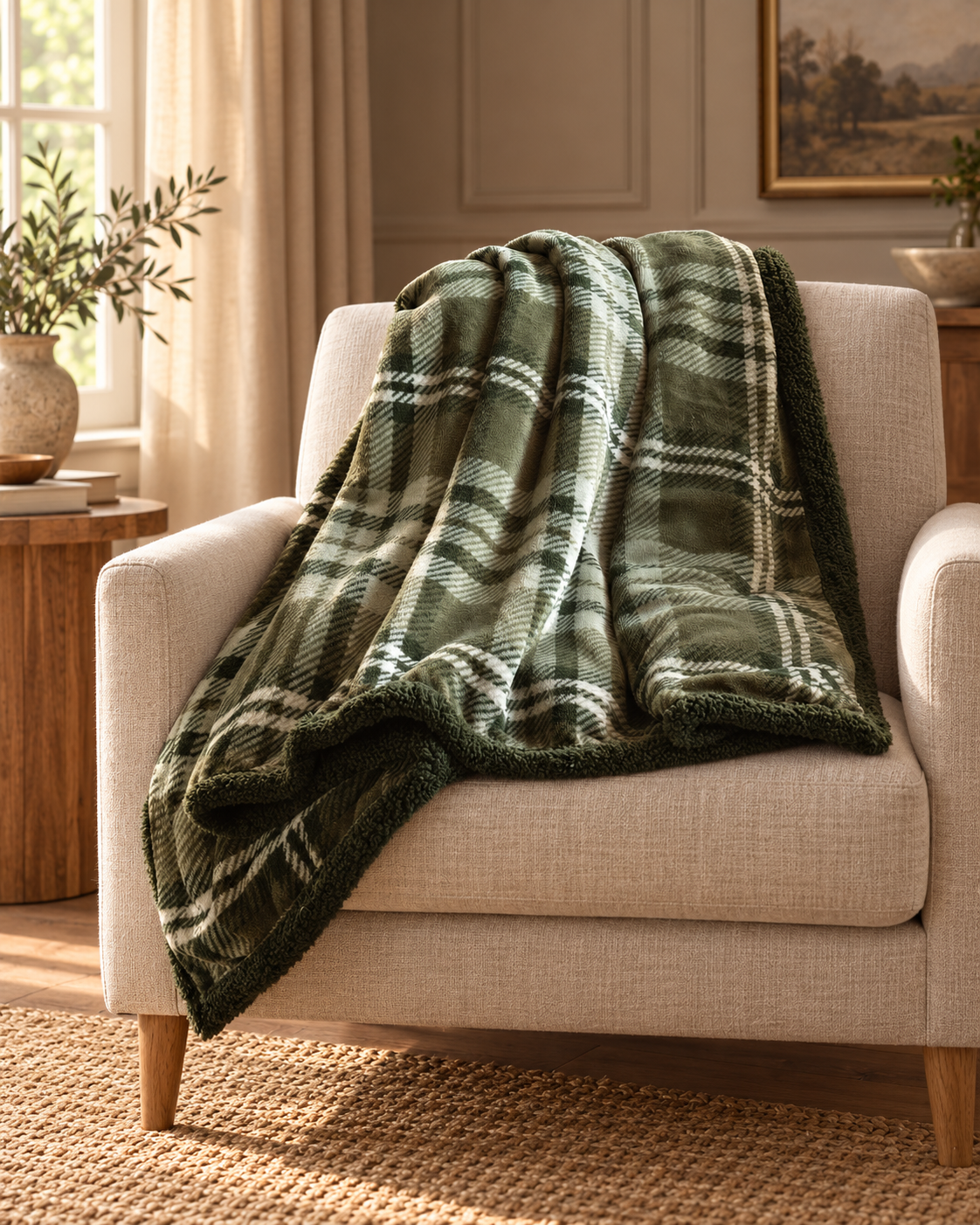 Tartan Sherpa Throw — Olive — country-house portrait product photograph