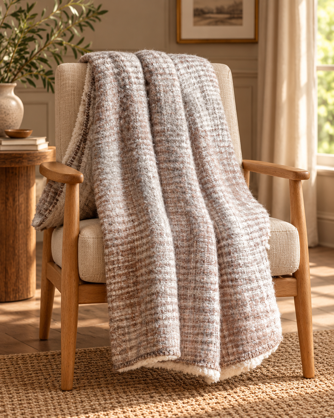 Woven Faux Mohair Sherpa Throw — Natural — country-house portrait product photograph