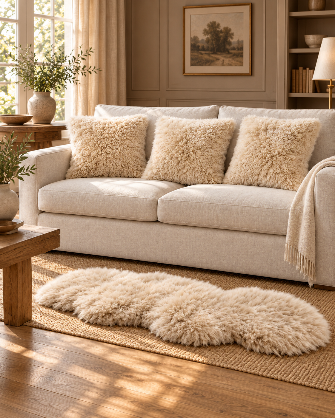 Oyster Sheepskin Living Room Set — country-house portrait product photograph
