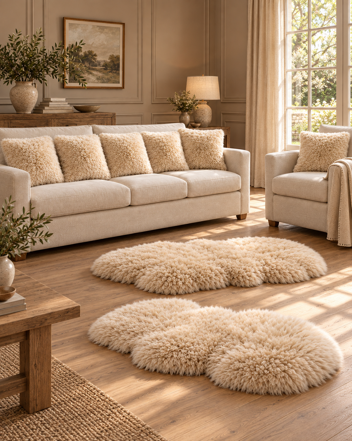 Generous Oyster Sheepskin Room Set — country-house portrait product photograph