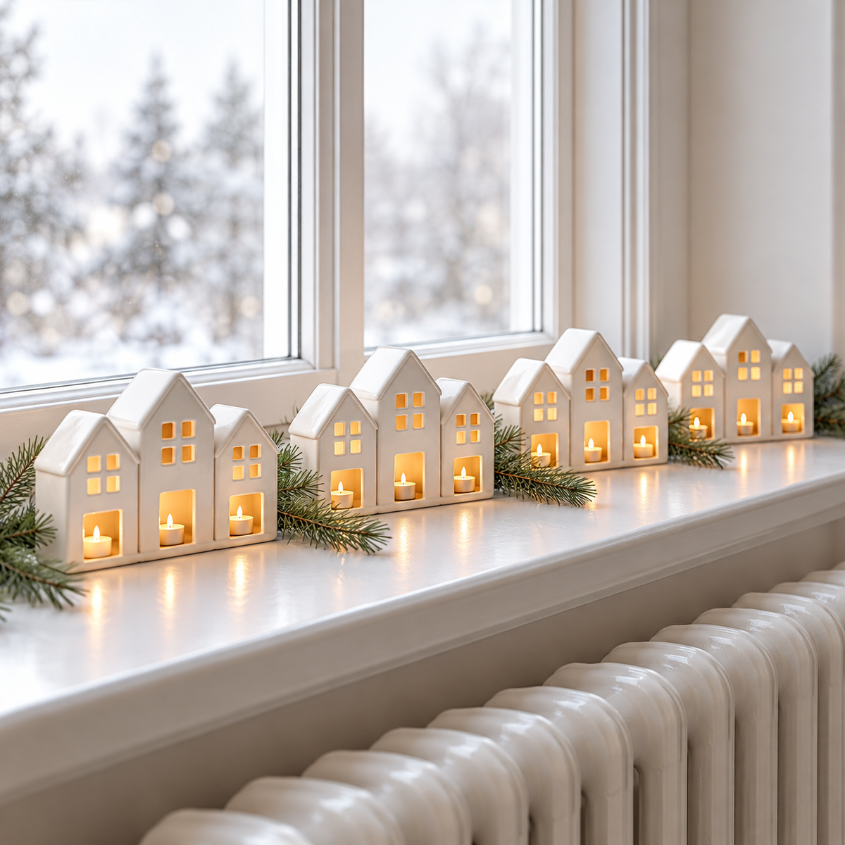Four pearly white house trio tealight holders styled on a bright windowsill with pine